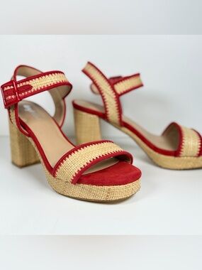 Farylrobin Rafia and Suede Platform Heeled Sandals Size 9